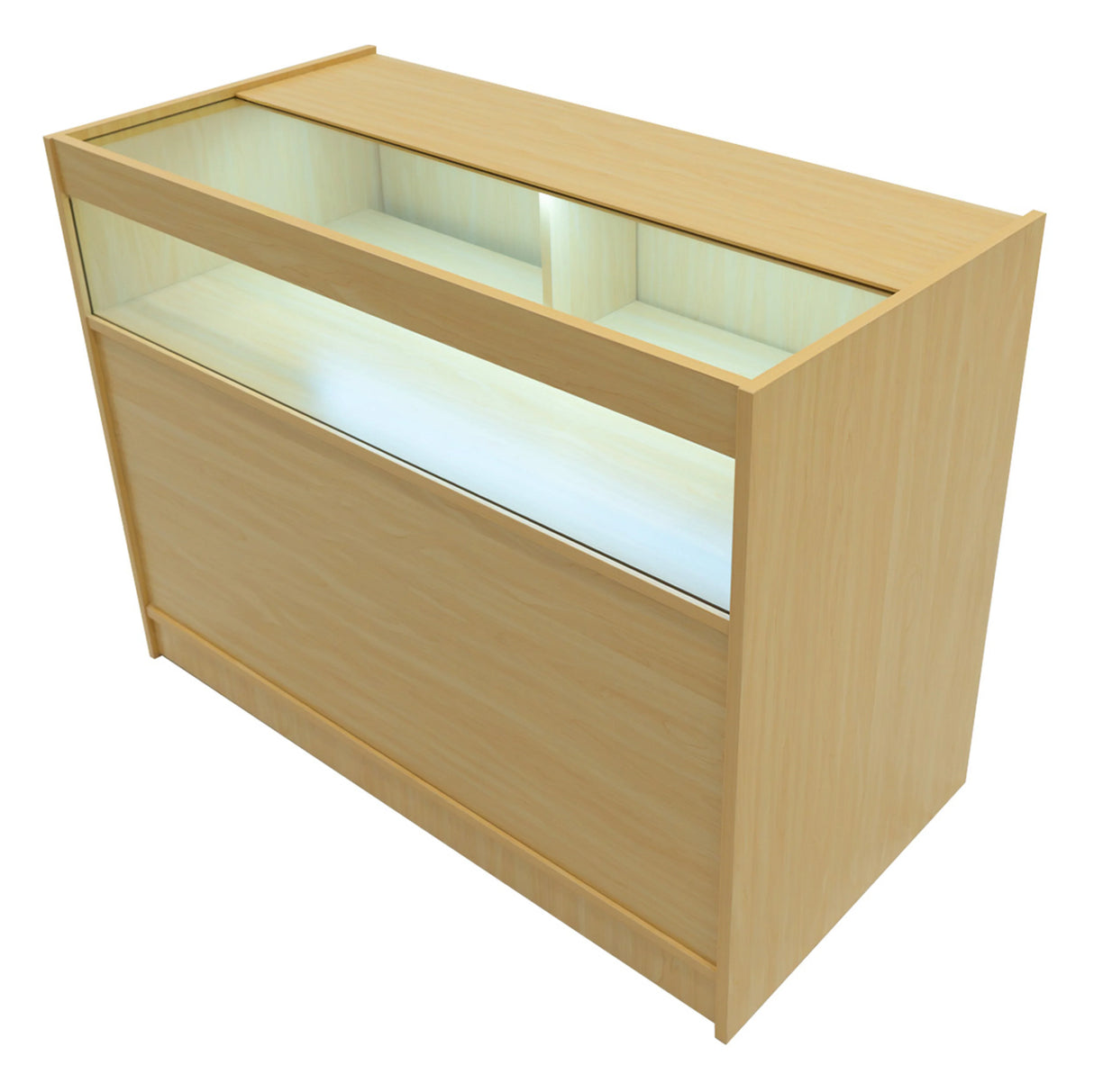 Theseus LED shop counter set in maple, featuring a sleek design with glass display area and soft LED lighting for enhanced visibility