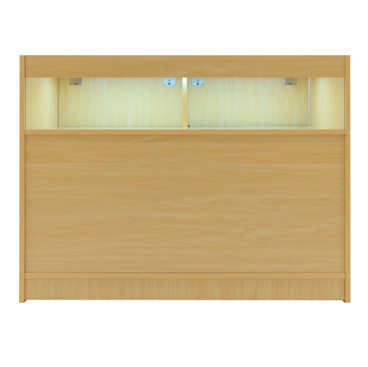 Theseus LED shop counter set in maple finish, featuring a sleek design with integrated lighting and smooth, textured surface