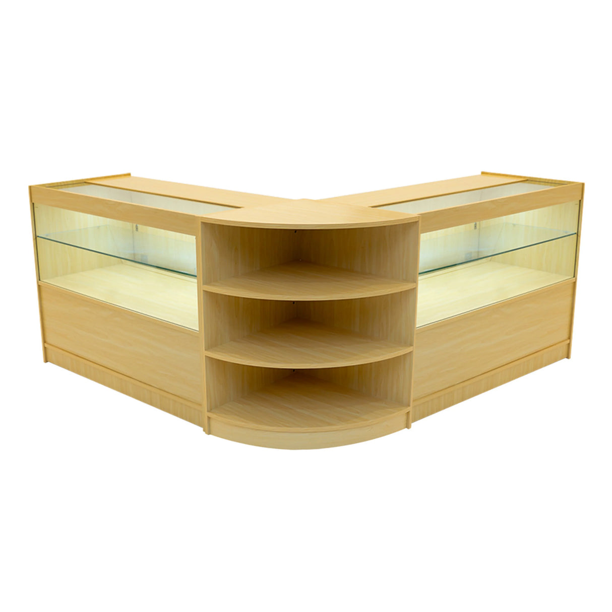 Andromeda LED shop counter set in maple, featuring a modern design with glass display sections and curved shelving for retail use