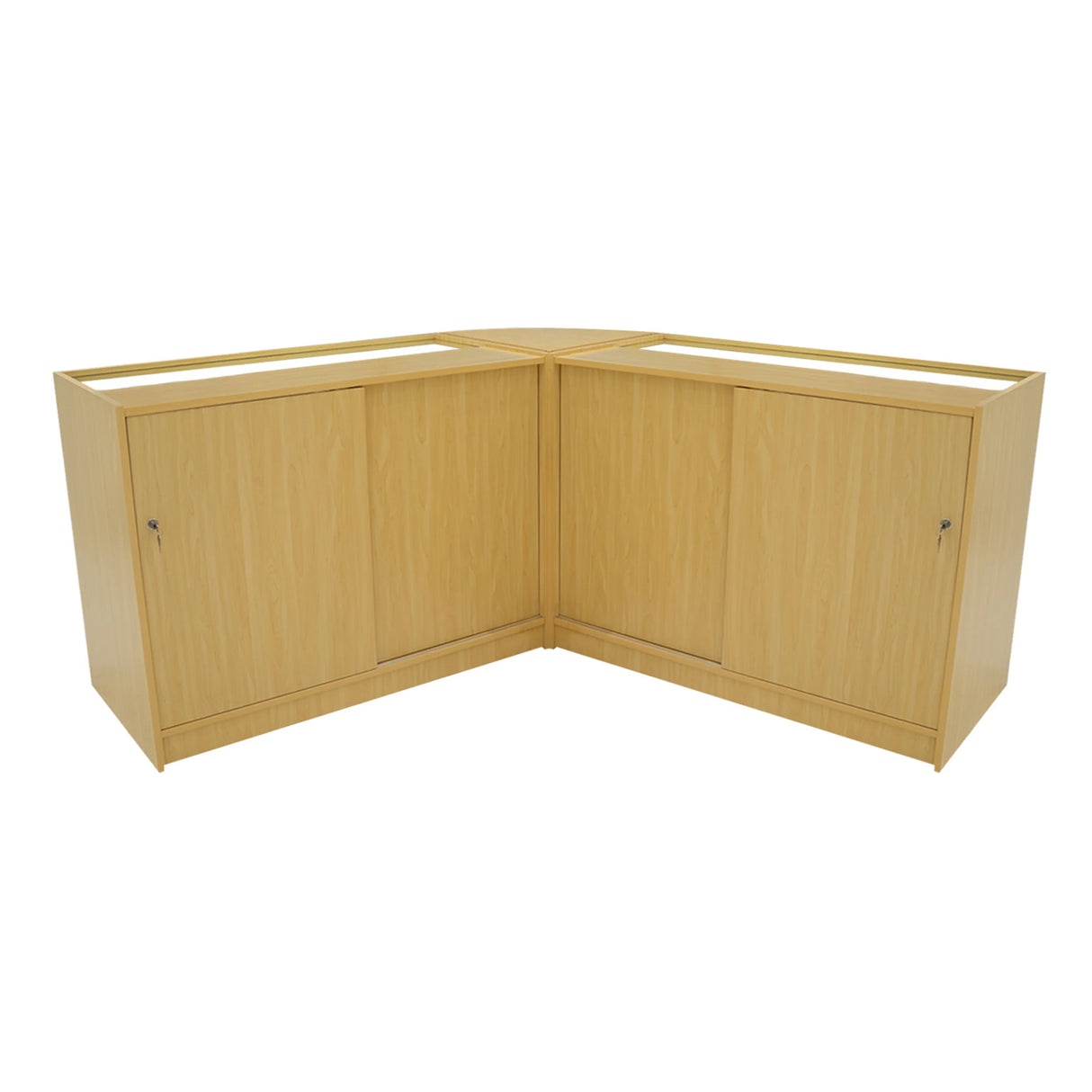 Andromeda LED Shop Counter Set in maple finish, featuring two corner units with sleek lines, glass display tops, and storage cabinets