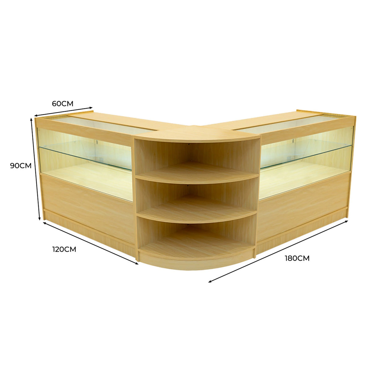 Andromeda LED Shop Counter Set in maple finish, featuring a sleek corner design with glass display shelves and LED lighting