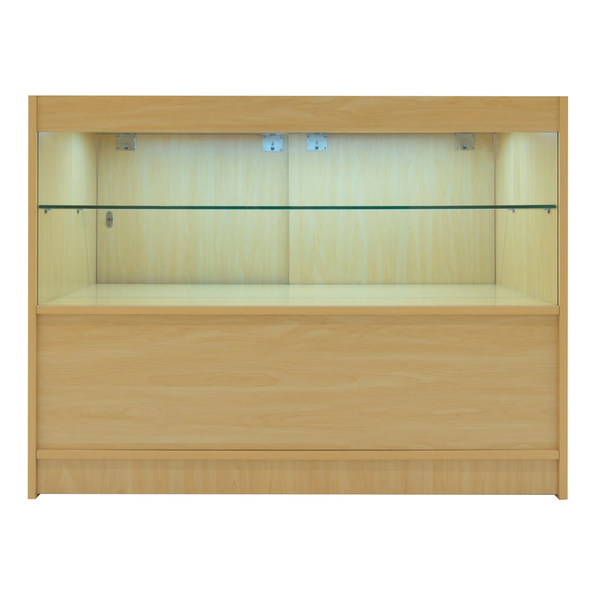Maple Andromeda LED shop counter set featuring a sleek design, glass display shelves, and integrated lighting for visibility