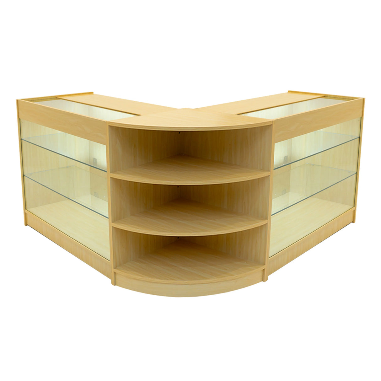 Maple Apollo LED shop counter set featuring a modern design with glass display shelves and a sleek, curved shape for retail use