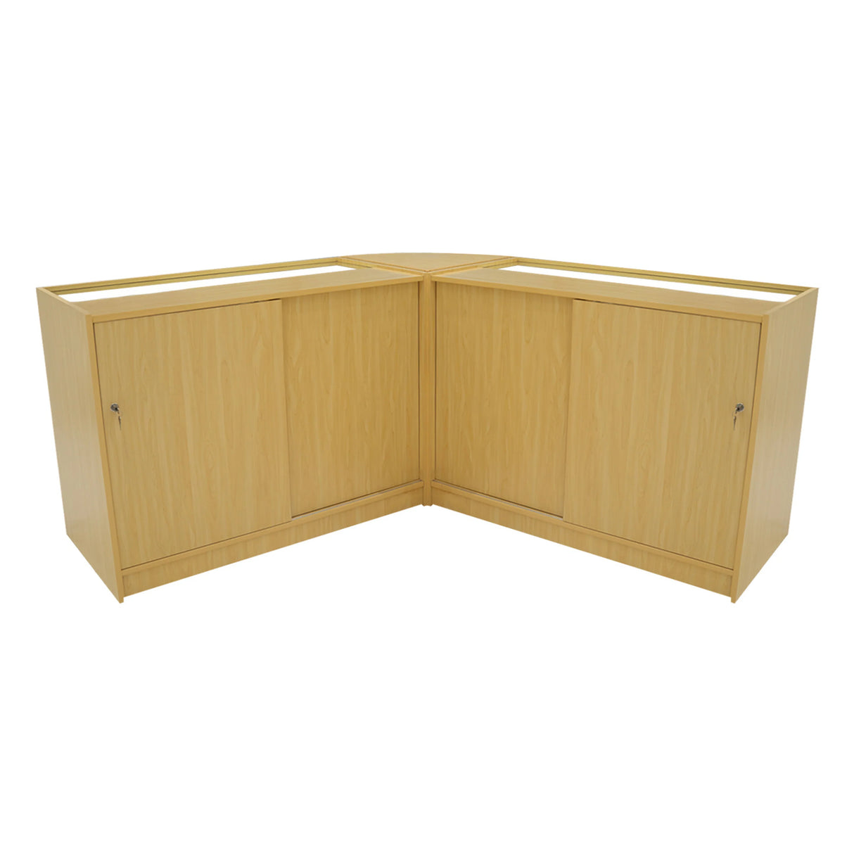 Maple Apollo LED shop counter set featuring a sleek corner design, smooth finish, and two spacious storage cabinets with doors