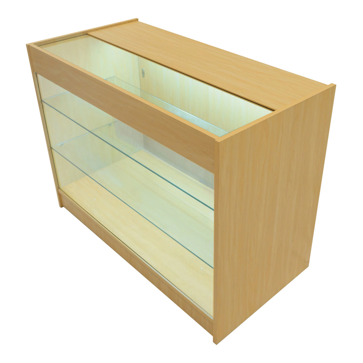 Maple Apollo LED shop counter set featuring a sleek design with glass shelves and illuminated interior for product display