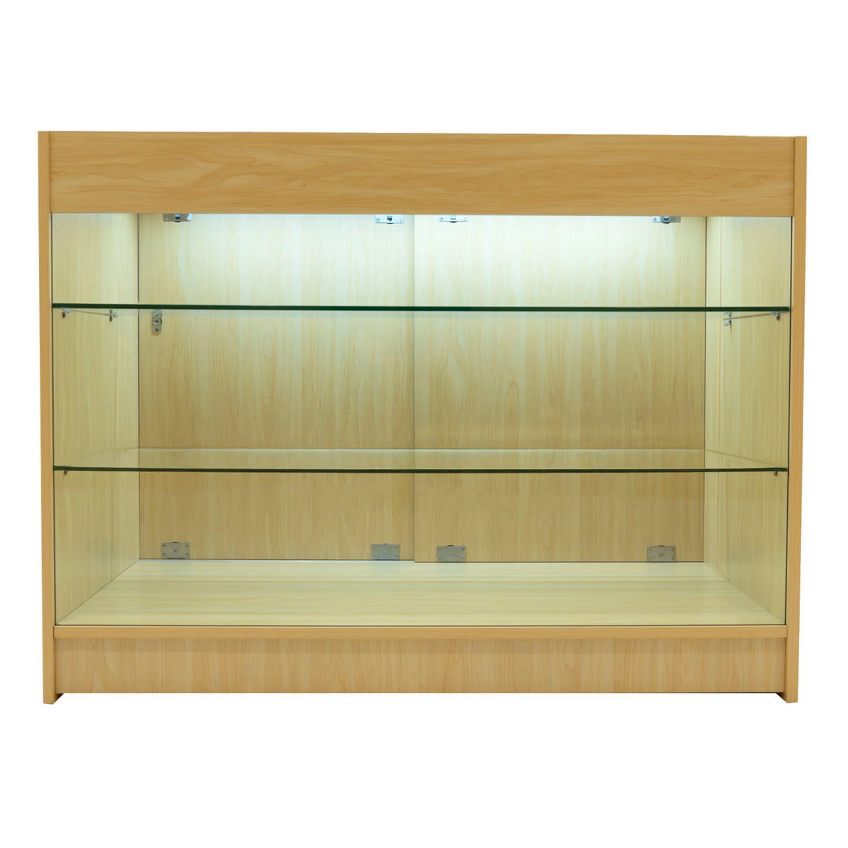 Maple Apollo LED shop counter set with glass shelves, featuring a sleek design and warm wood finish, ideal for retail displays