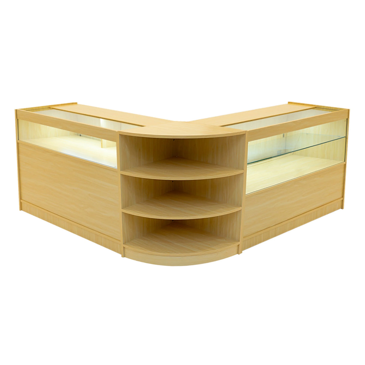 Harmonia LED Shop Counter Set in maple finish, featuring a sleek design with glass display shelves and curved edges for modern retail spaces