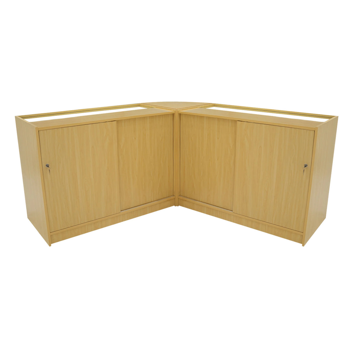 Harmonia LED Shop Counter Set in maple finish, featuring a sleek corner design with smooth surfaces and hidden storage compartments