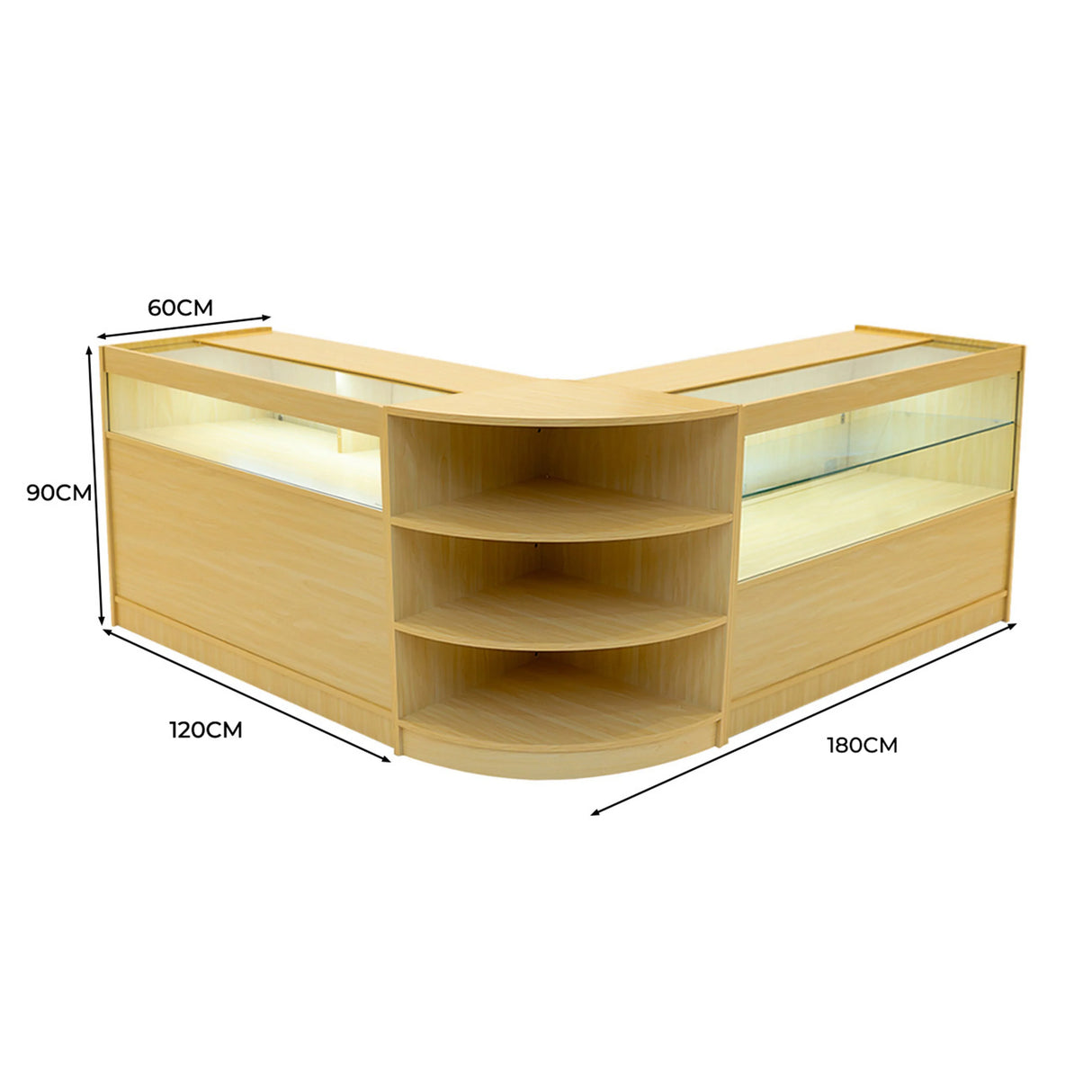 Harmonia LED shop counter set in maple, featuring a modern L-shape design with glass display shelves and warm LED lighting