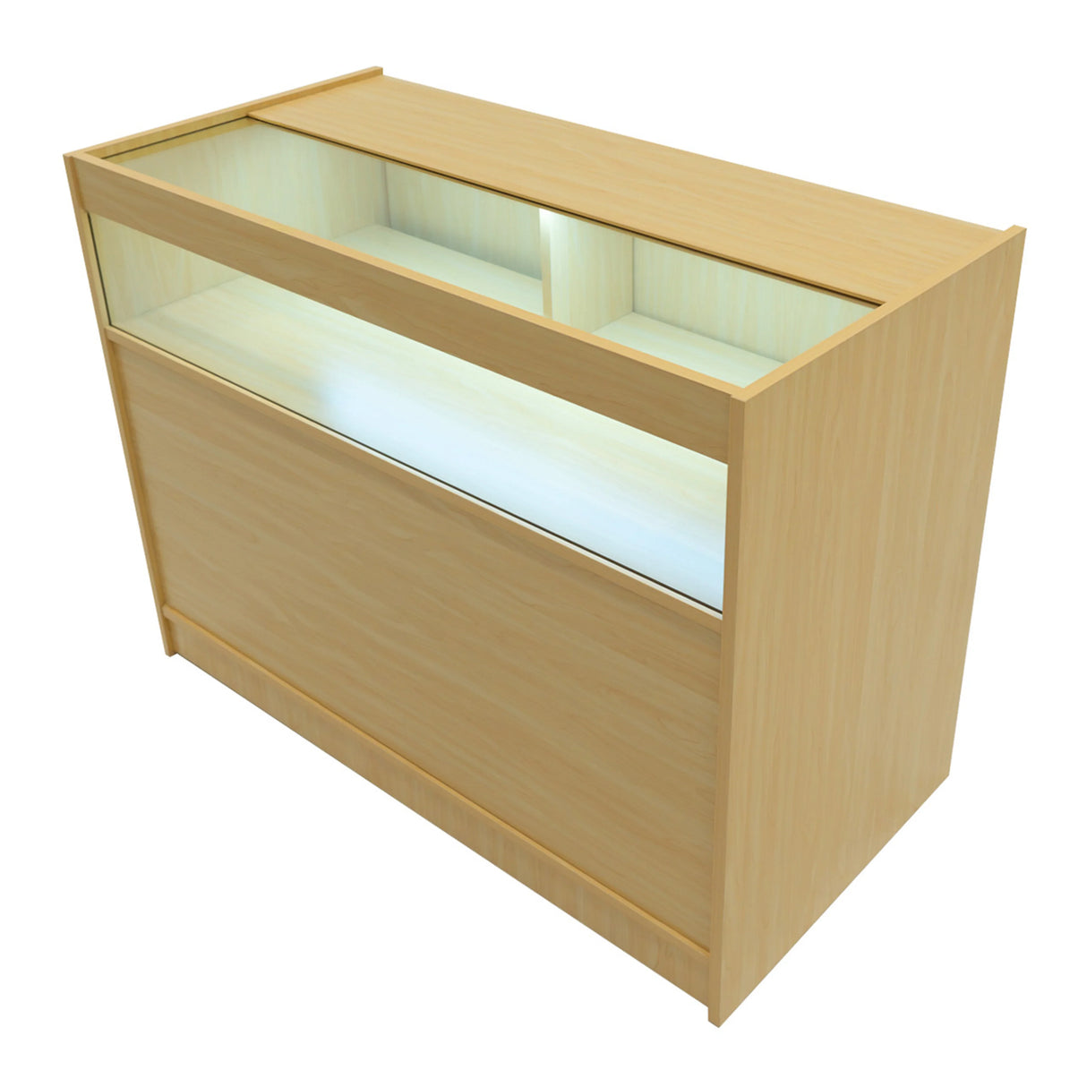 Harmonia LED Shop Counter Set in maple finish, featuring a sleek design, glass display top, and illuminated interior for showcasing products