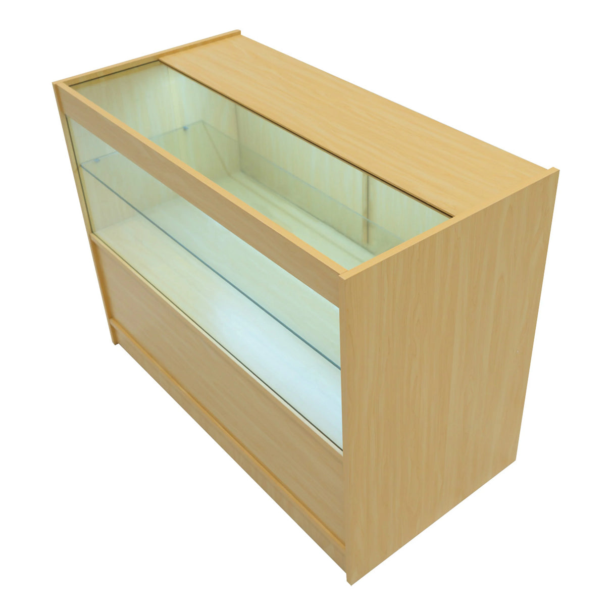 Harmonia LED shop counter set in maple, featuring a sleek design with a glass display top and spacious storage below, ideal for retail use