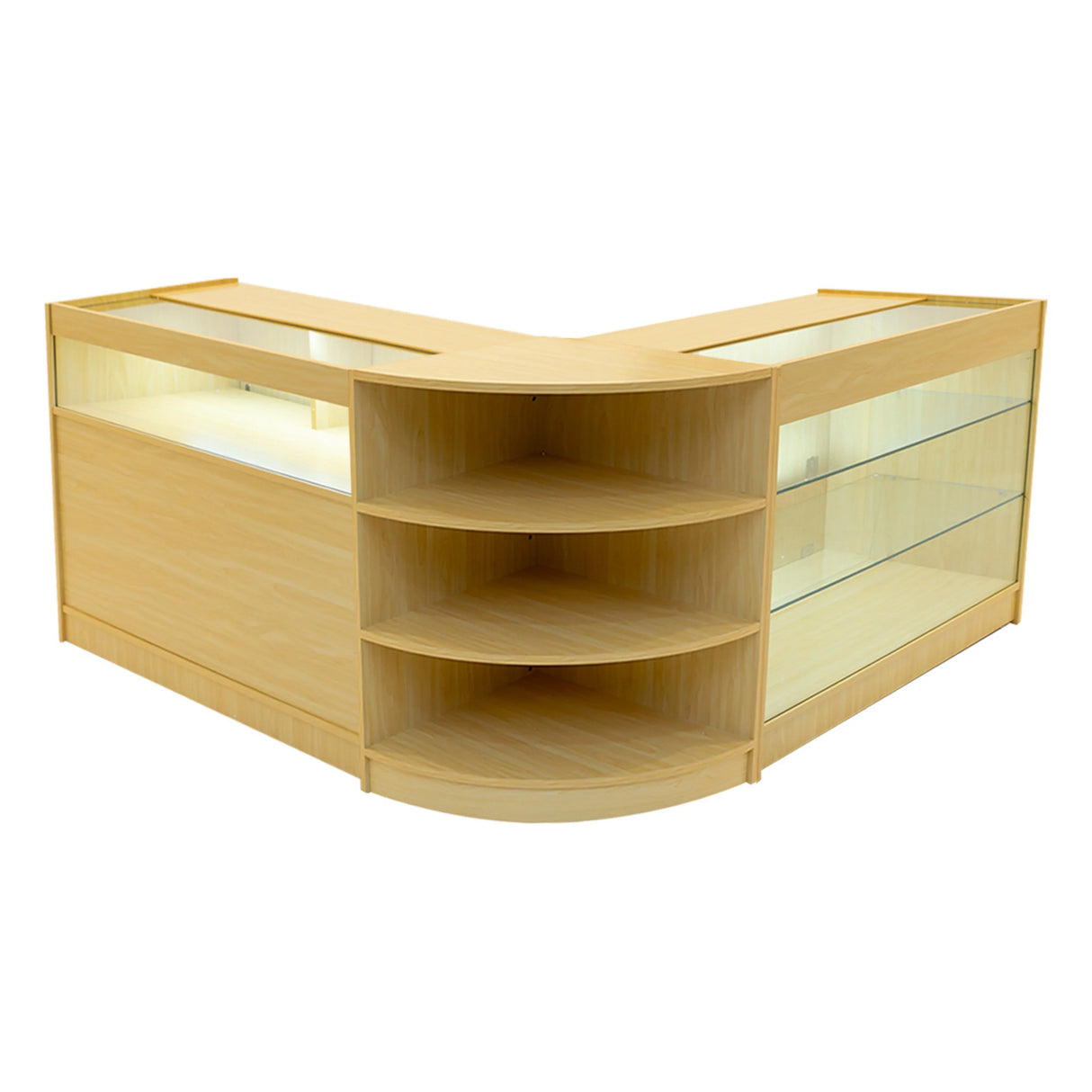 Maple LED shop counter set featuring a modern design with glass display shelves and a curved shape, ideal for retail spaces