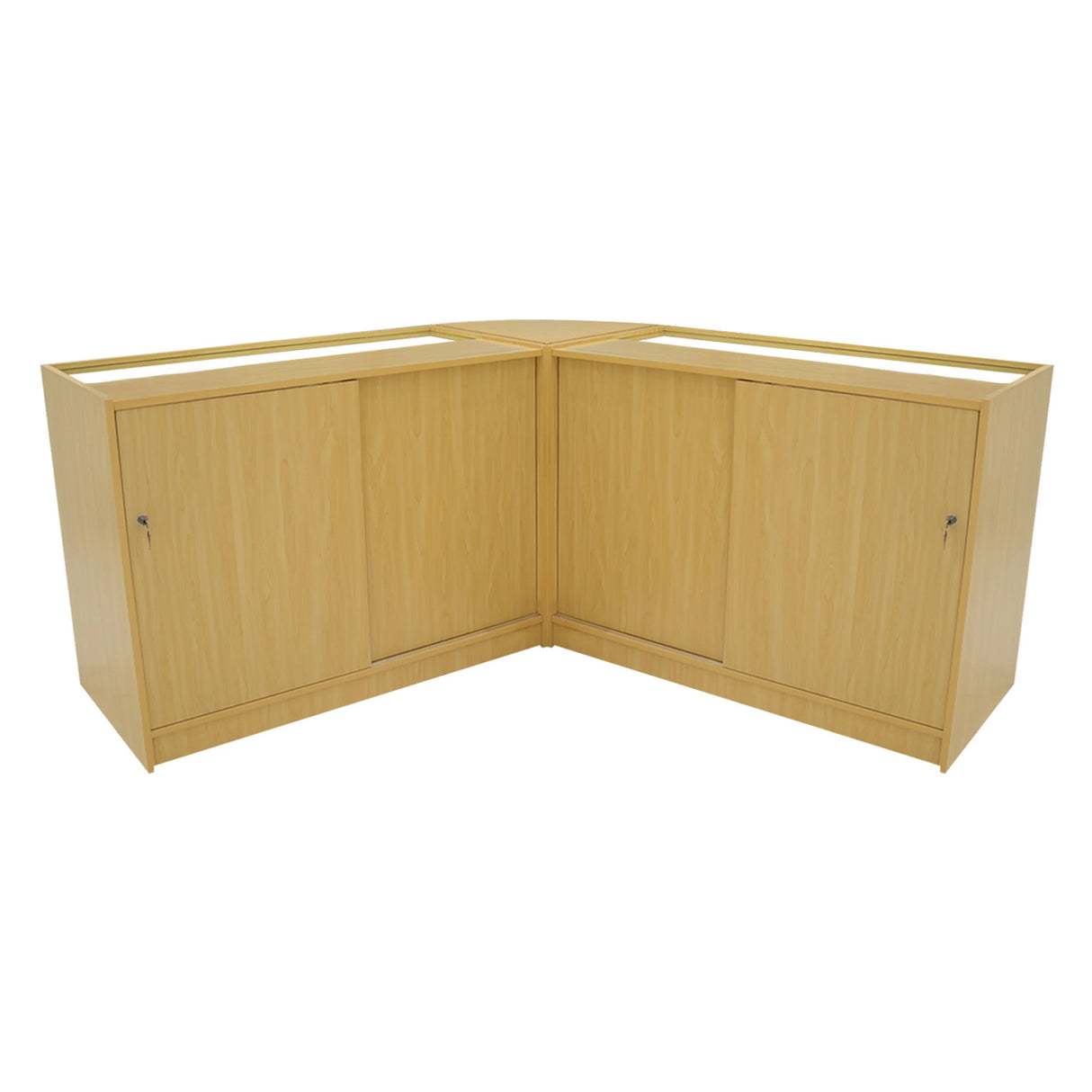 Demeter LED Shop Counter Set in maple finish, featuring two corner units with smooth surfaces and sleek storage cabinets