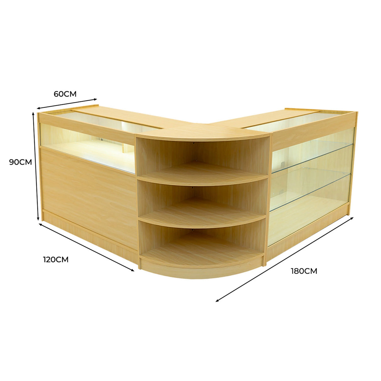Maple LED shop counter set featuring a modern design with curved shelves, glass display sections, and ample storage space