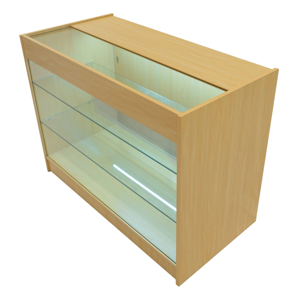 Demeter LED Shop Counter Set in maple finish, featuring a sleek design with glass shelves and integrated lighting for display