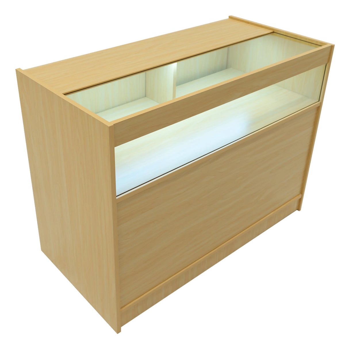 Demeter LED Shop Counter Set in maple finish, featuring a sleek design, illuminated display area, and smooth texture for modern retail spaces