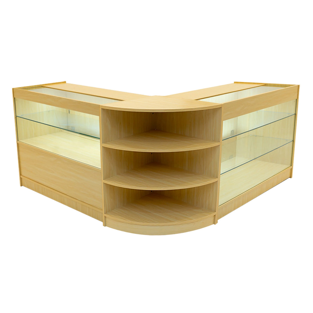 Maple LED shop counter set featuring a modern design with glass display shelves and rounded edges, ideal for retail spaces