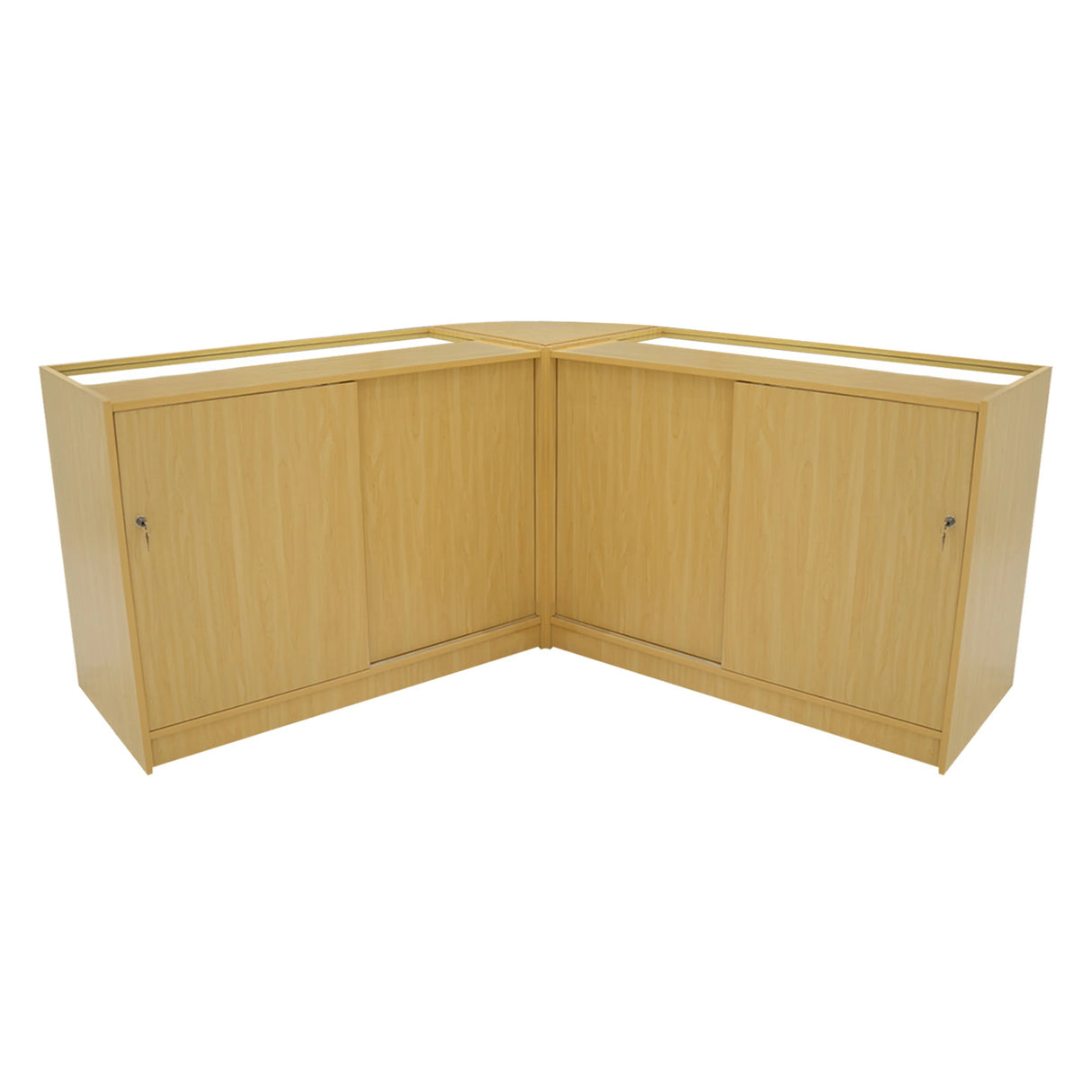 Maple Calliope LED shop counter set featuring a modern design with smooth surfaces, corner configuration, and secure storage doors