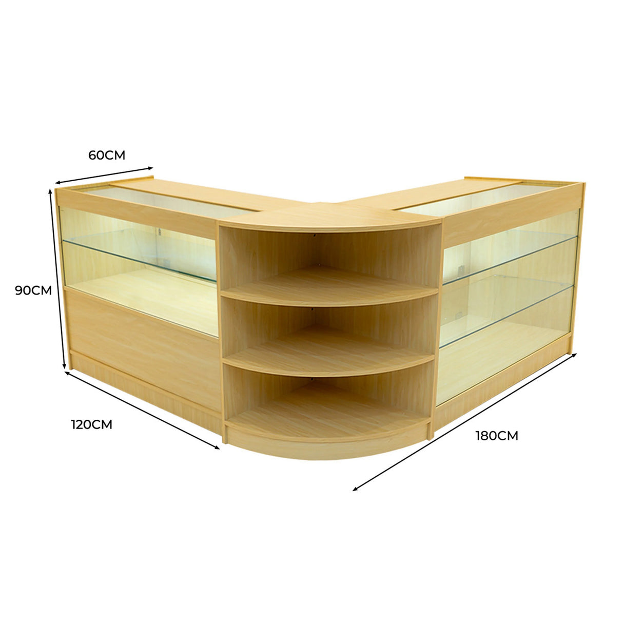 Maple LED shop counter set featuring a modern design with curved edges, glass shelves, and ample display space for products