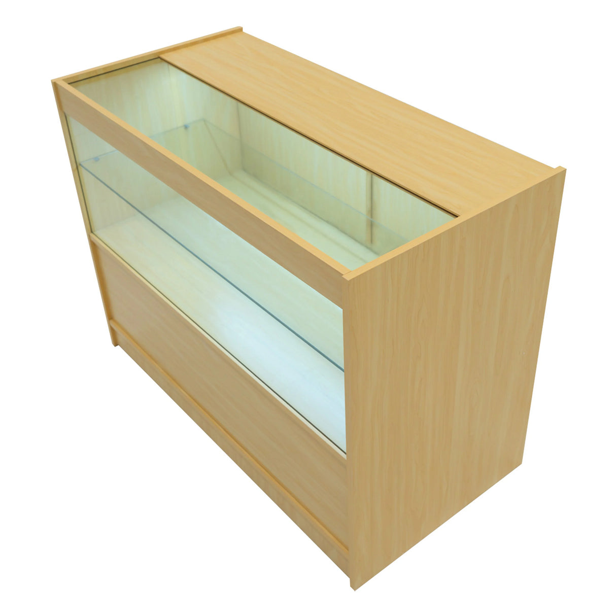 Maple LED shop counter set featuring a sleek design, glass display top, and spacious storage, ideal for showcasing products