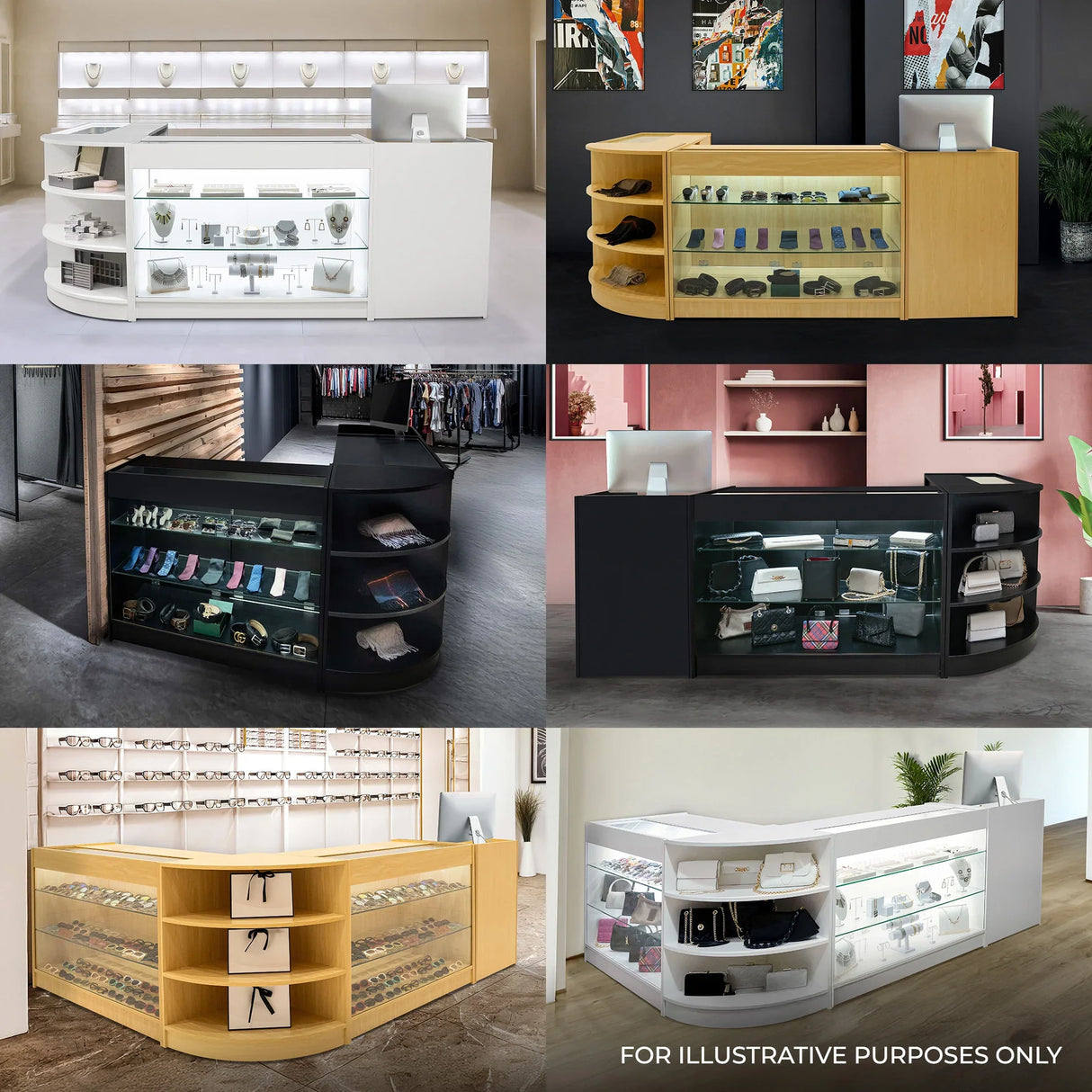 Maple Calliope LED shop counter set featuring sleek designs, glass displays, and modern finishes in various configurations