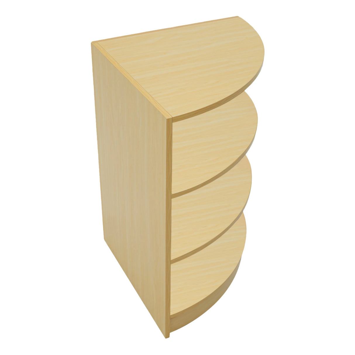 Maple Calliope LED shop counter set featuring a sleek, curved design with four spacious shelves for organized display and storage