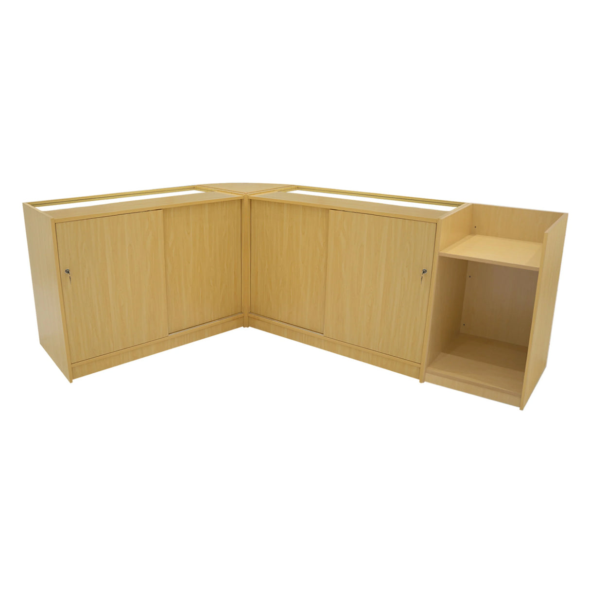 Luna LED Shop Counter Set in maple finish features a sleek design with two cabinets and an open shelf for versatile storage solutions