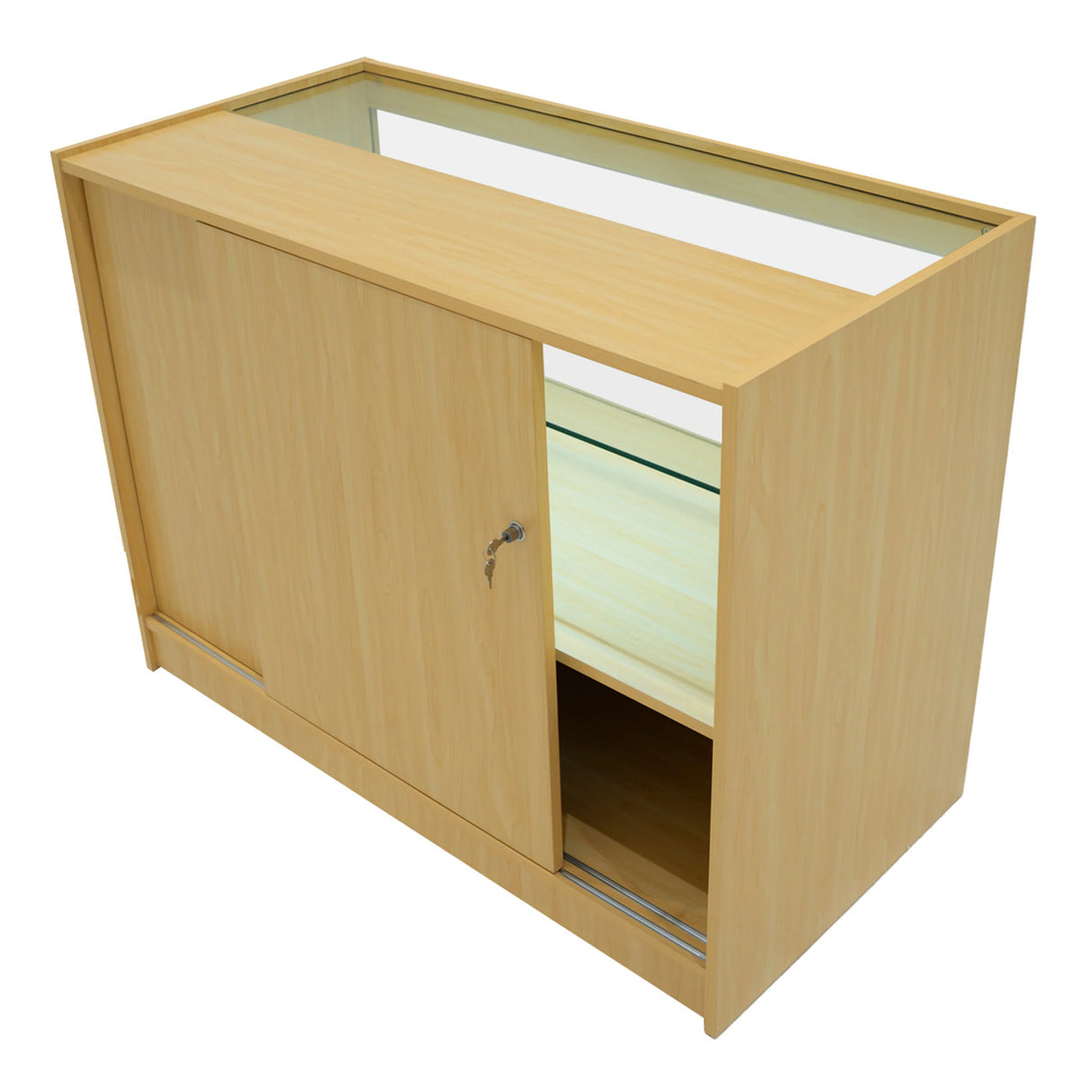 Maple LED shop counter set featuring a sleek design with sliding glass doors, showcasing interior storage and a smooth finish