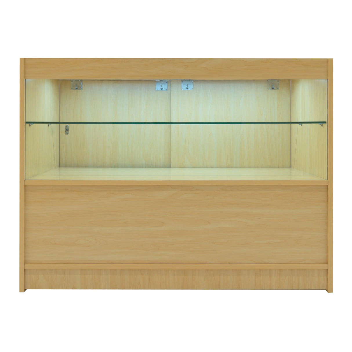 Maple LED shop counter set featuring a sleek design, glass shelves, and integrated lighting, ideal for retail displays