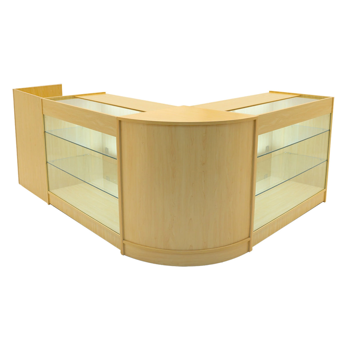 Maple Aries LED Shop Counter Set featuring a sleek, curved design with glass display shelves, ideal for showcasing products