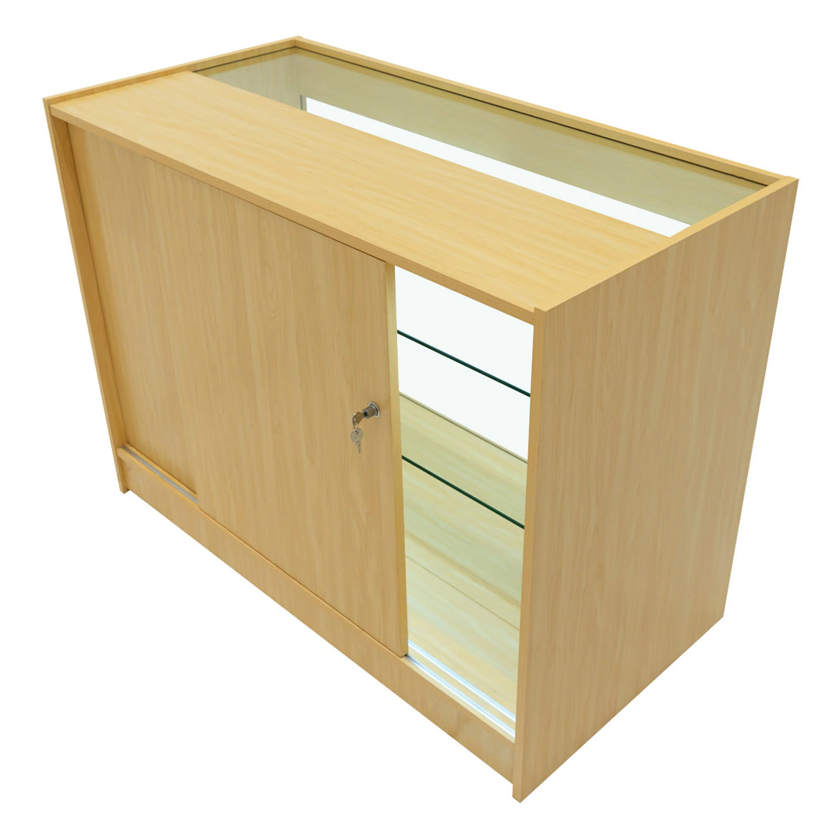 Maple Aries LED shop counter set featuring a sleek design, glass display shelves, and a sliding door for easy access