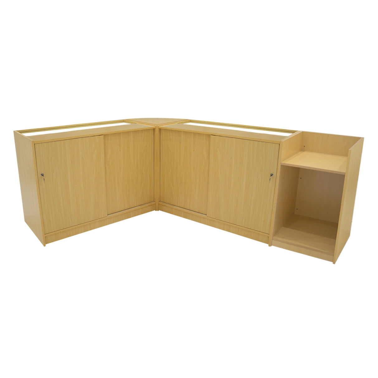 Maple Aries LED Shop Counter Set featuring a sleek design with two cabinets and an open shelf, ideal for retail displays