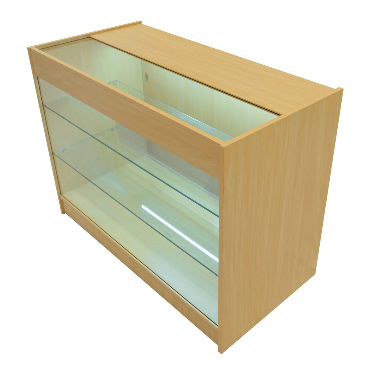 Maple Aries LED shop counter set featuring a sleek design with glass shelves and integrated lighting for product display