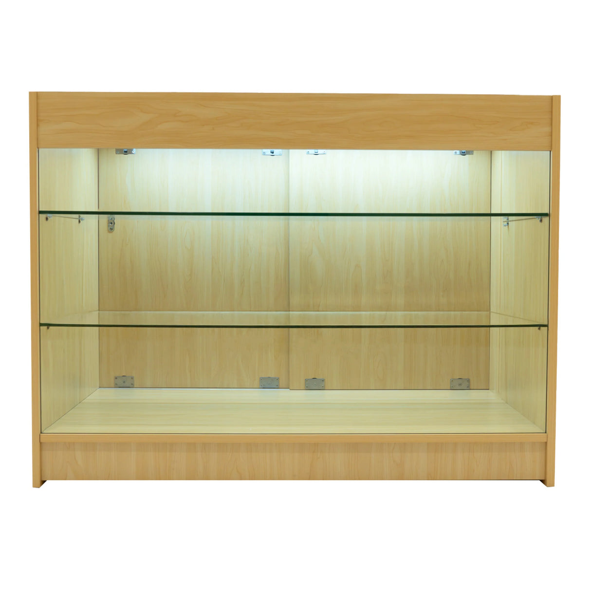 Maple Aries LED shop counter set featuring a sleek design with glass shelves, illuminated interior, and a smooth wood finish