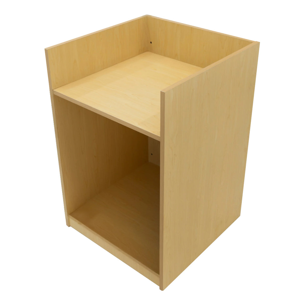 Maple-finished Aries LED shop counter set featuring a sleek, modern design with an open shelf for storage and display