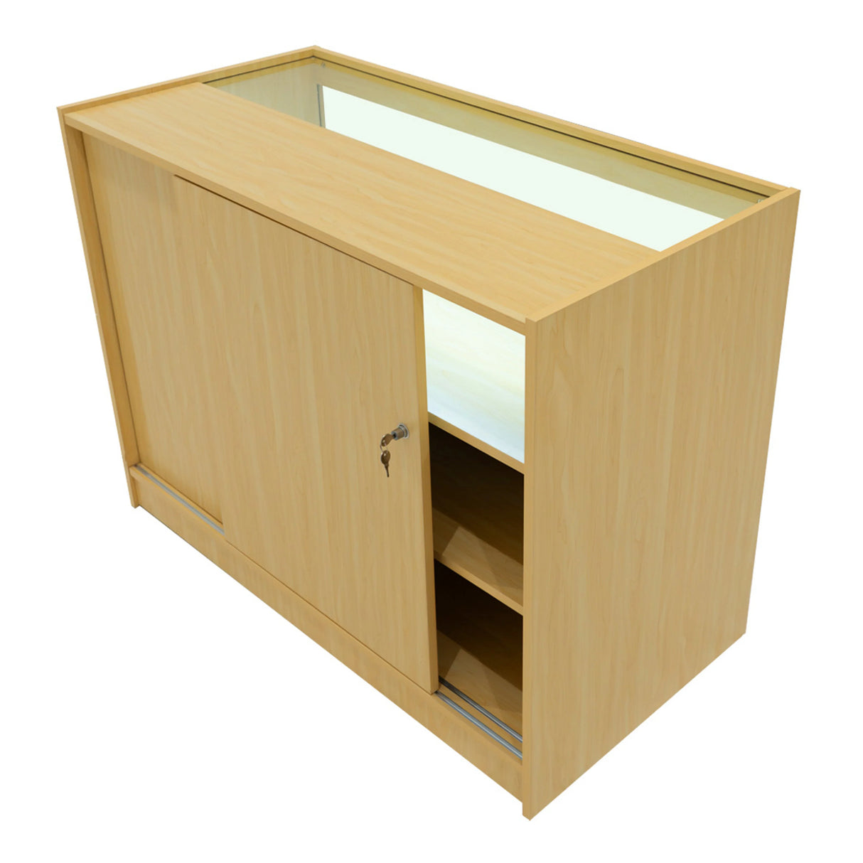 Gravity LED Shop Counter Set in maple finish, featuring a sliding door, glass top, and spacious interior shelves for display and storage