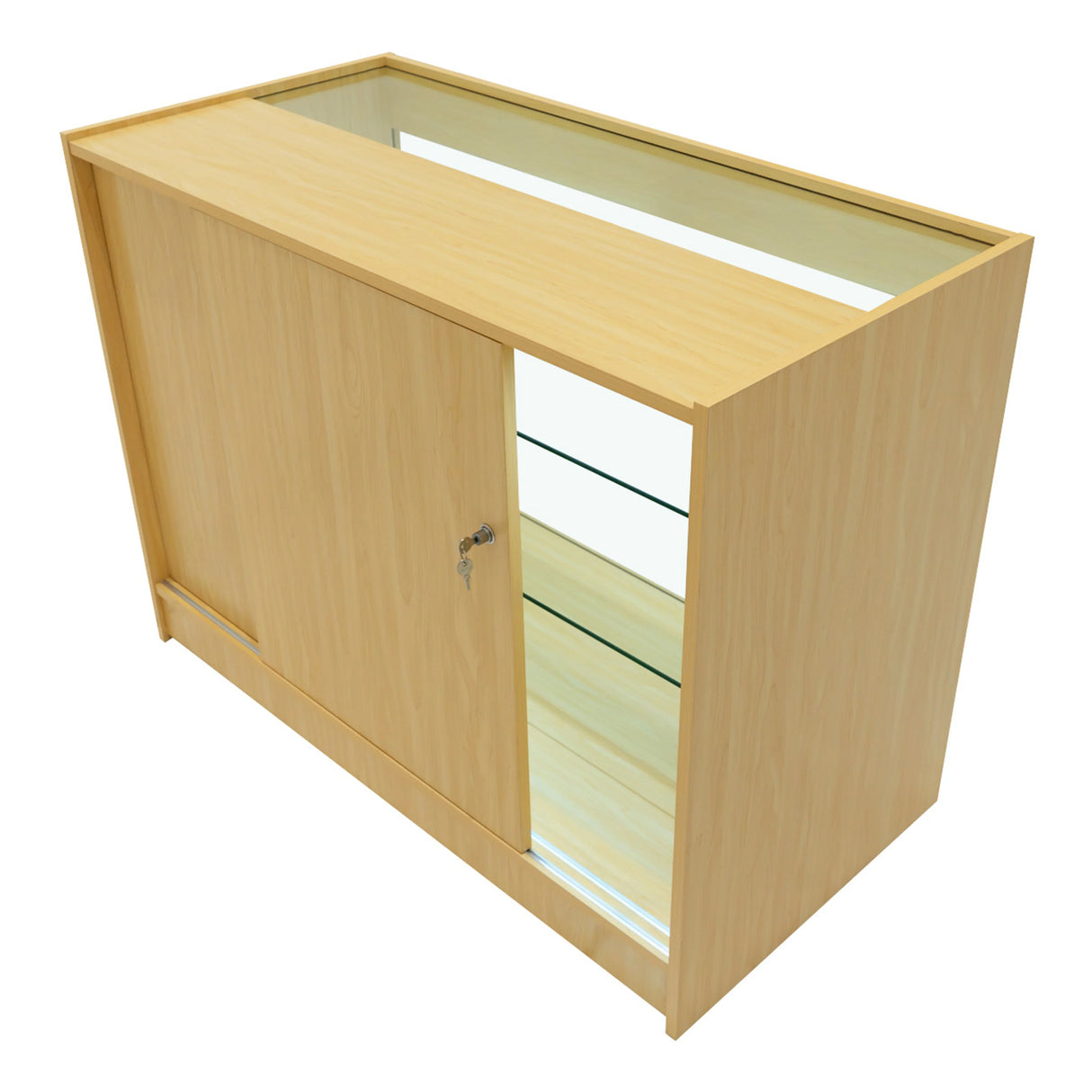 Polaris LED Shop Counter Set in maple finish, featuring a sleek design, glass shelves, and a sliding door for easy access