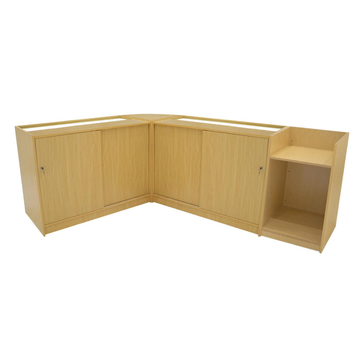 Polaris LED Shop Counter Set in maple finish, featuring a sleek design with storage cabinets and open shelving for display