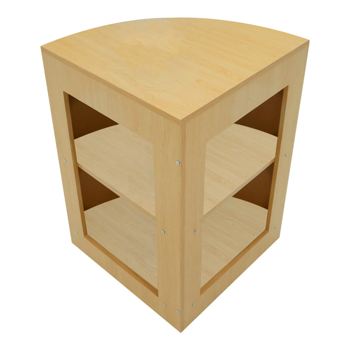 Polaris LED shop counter set in maple finish, featuring a curved top, open shelving, and smooth wood texture for modern display