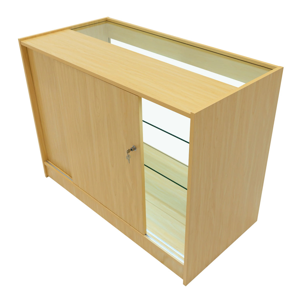 Vega LED Shop Counter Set in maple finish, featuring a sleek design with sliding door, glass shelves, and modern LED lighting