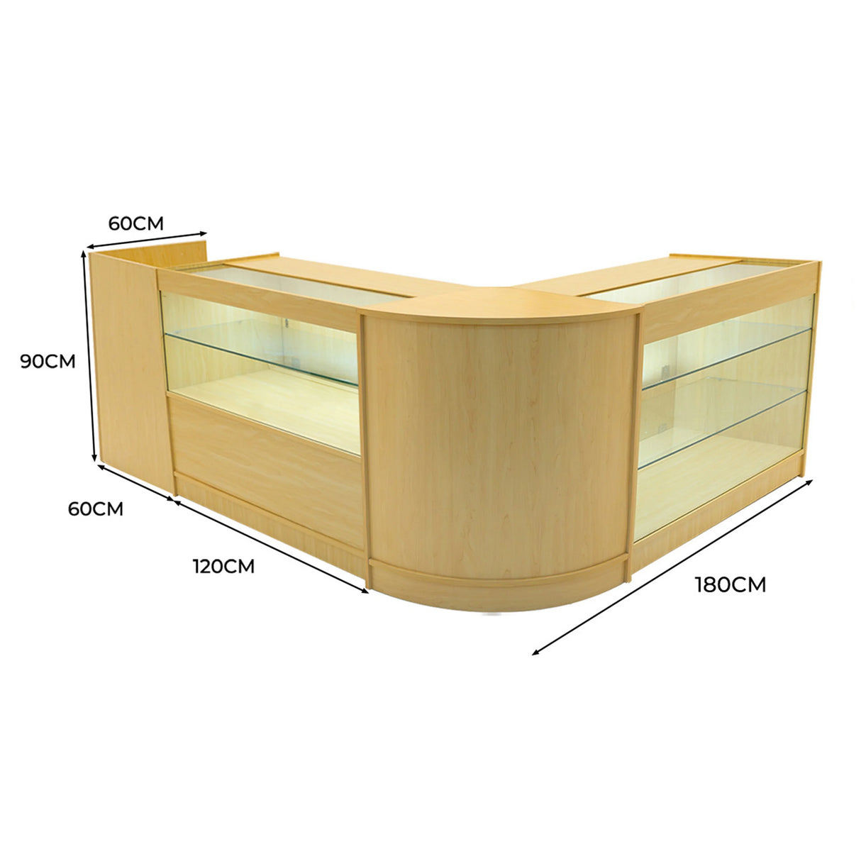 Vega LED Shop Counter Set in maple finish, featuring curved edges, glass display shelves, and dimensions of 180cm x 120cm x 90cm