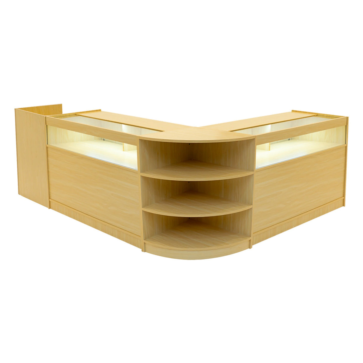 Sagittarius LED Shop Counter Set in maple finish, featuring a modern design with curved shelves and integrated lighting for display