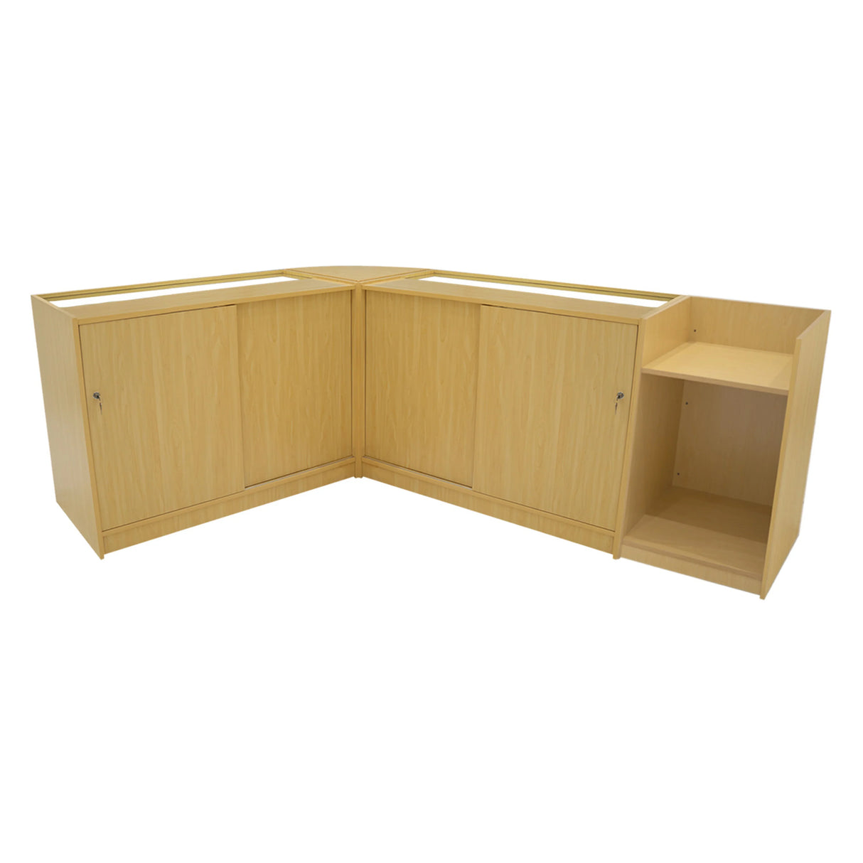 Sagittarius LED Shop Counter Set in maple finish, featuring sleek lines, two cabinets, and an open shelf for display or storage