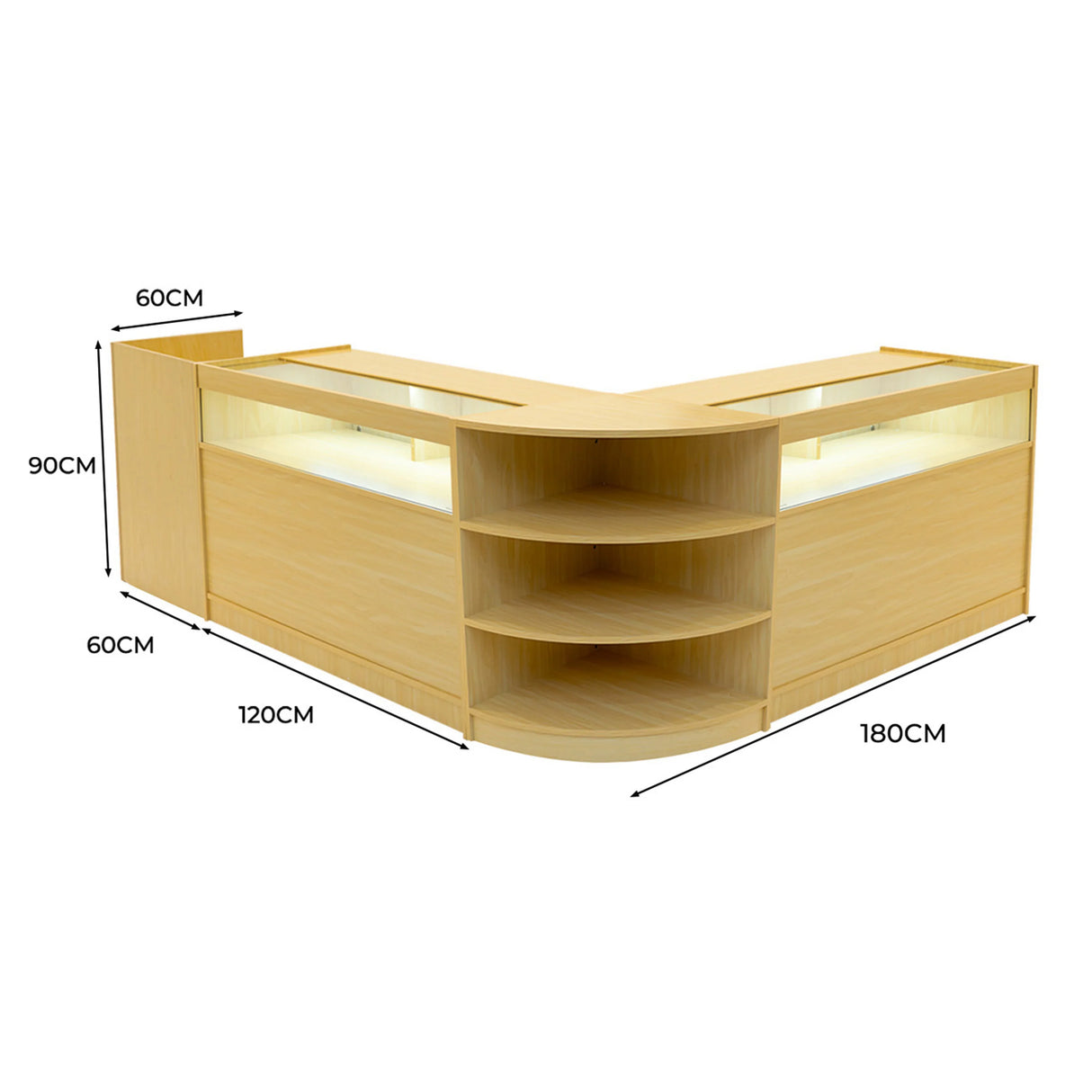 Sagittarius LED Shop Counter Set in maple finish, featuring a modern L-shape design with illuminated display areas and shelves