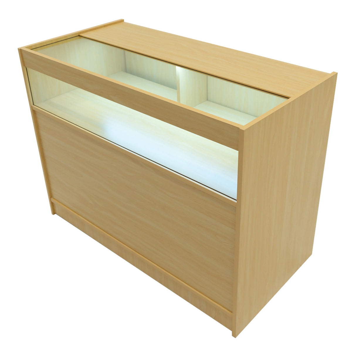 Sagittarius LED Shop Counter Set in maple finish, featuring a sleek design with glass display top and illuminated interior for showcasing products