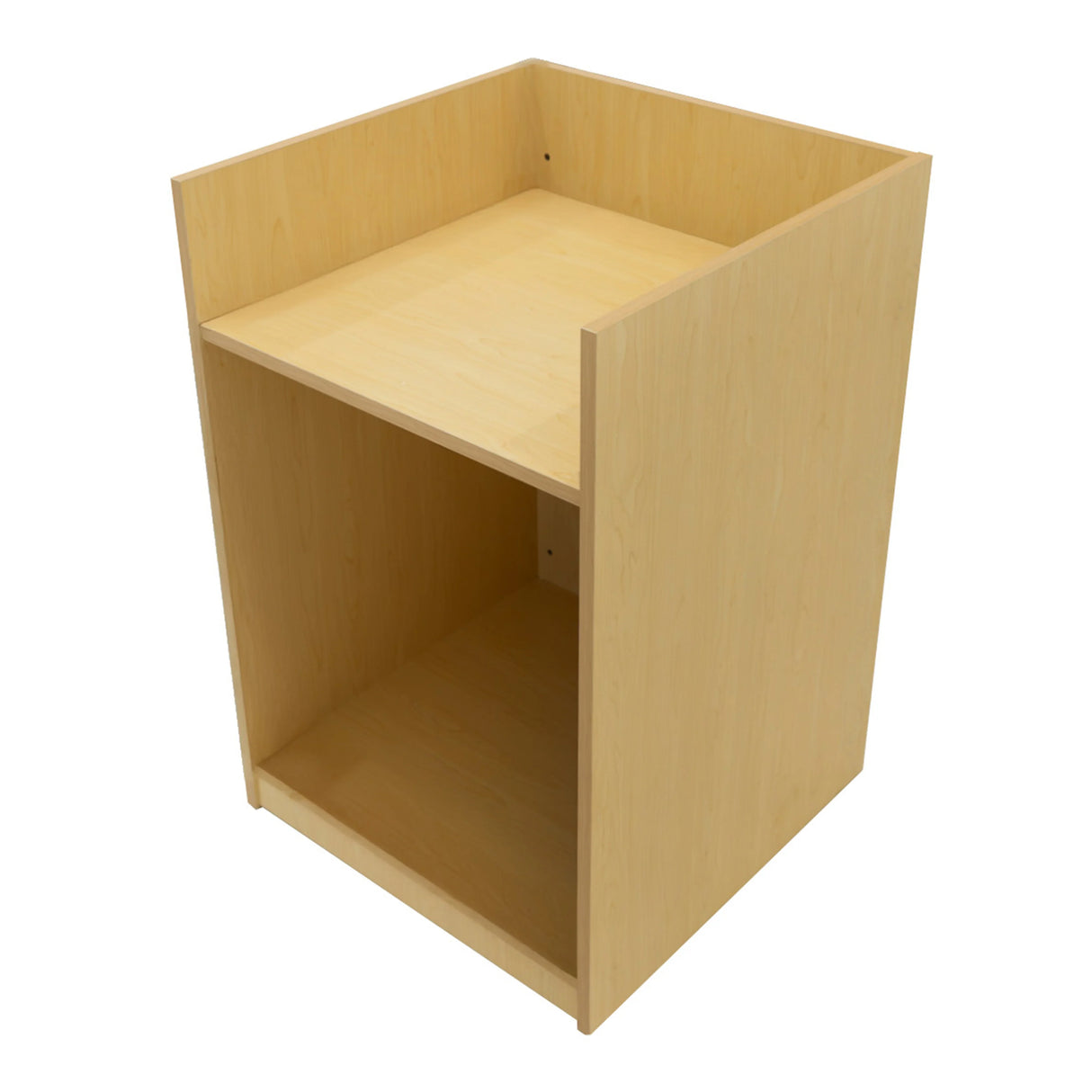 Sagittarius LED Shop Counter Set in maple finish, featuring a sleek, modern design with two open shelves for storage and display