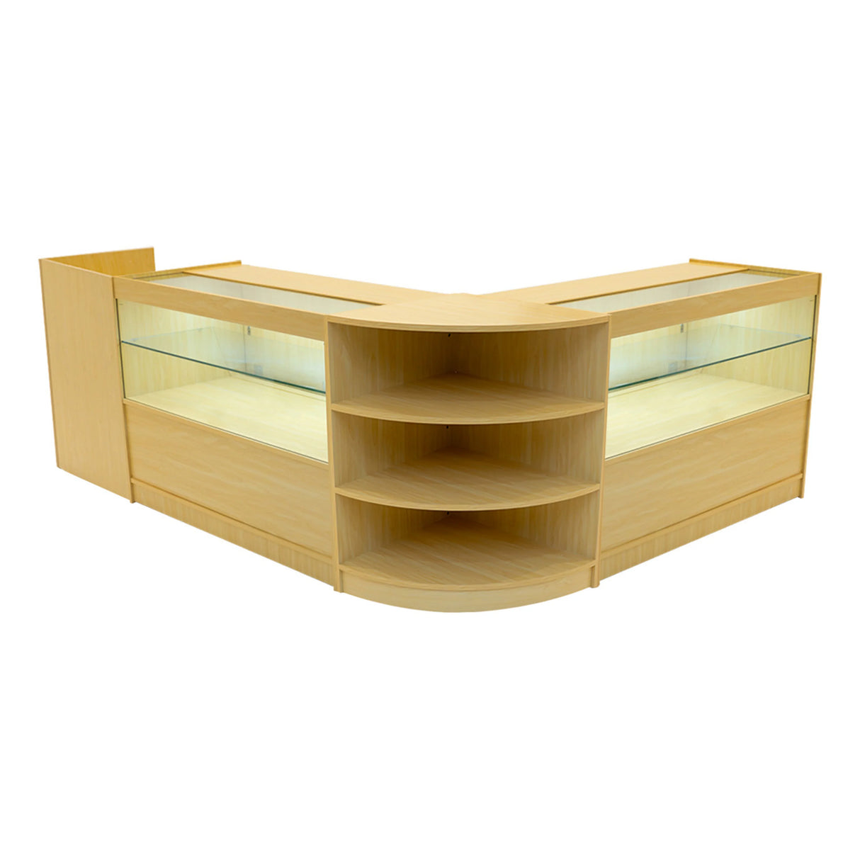 Eclipse LED Shop Counter Set in maple finish features a modern design with glass display shelves and curved storage compartments