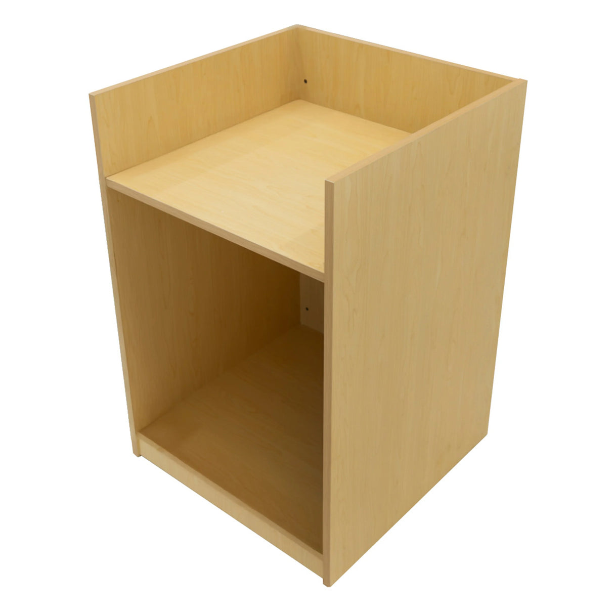 Eclipse LED shop counter set in maple finish, featuring a sleek design with a spacious top and open storage below for easy access