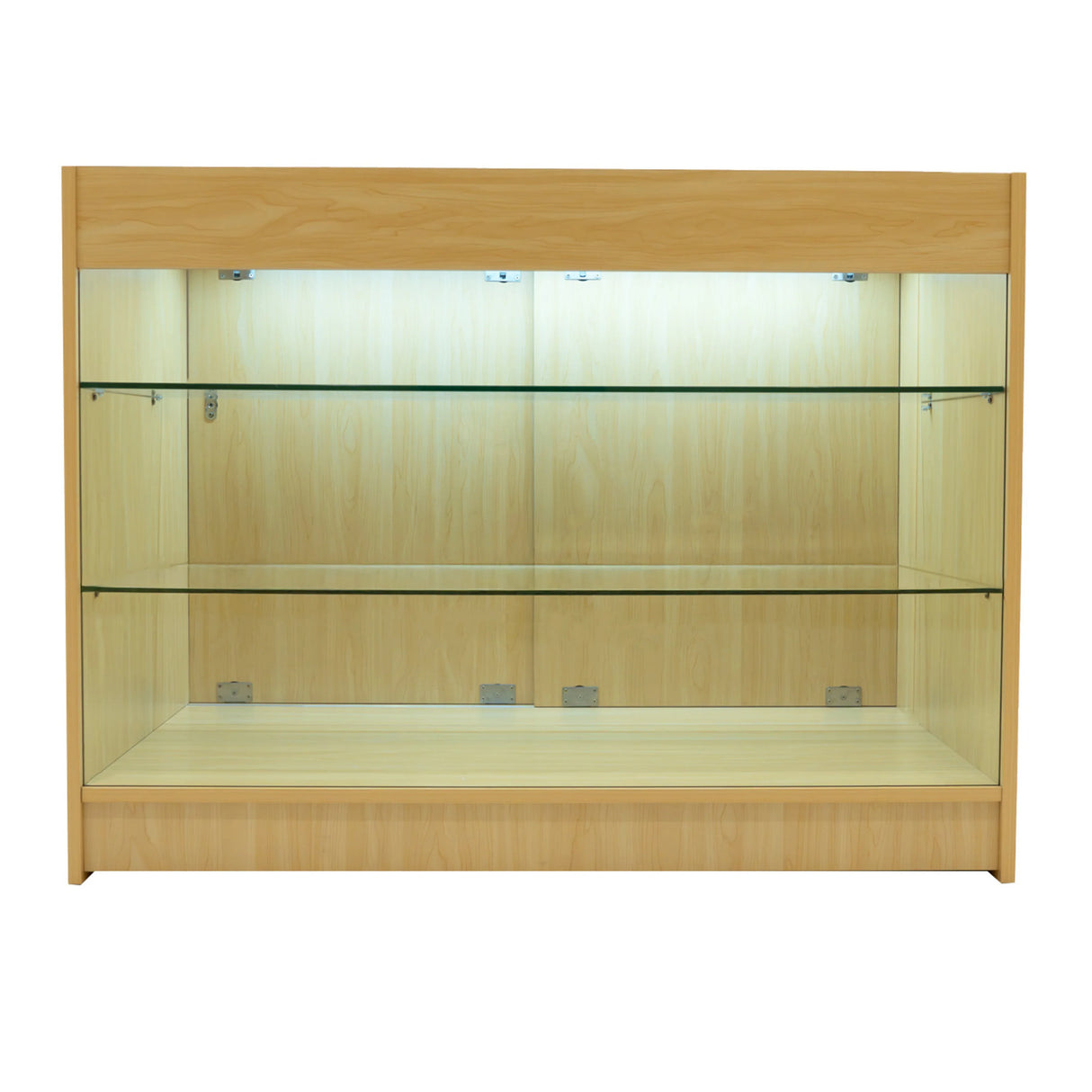 Astro LED shop counter set in maple wood finish, featuring glass shelves and LED lighting for enhanced product display