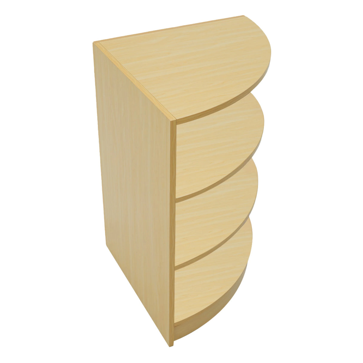 Astro LED Shop Counter Set in maple finish, featuring a sleek, curved design with four spacious shelves for display and storage